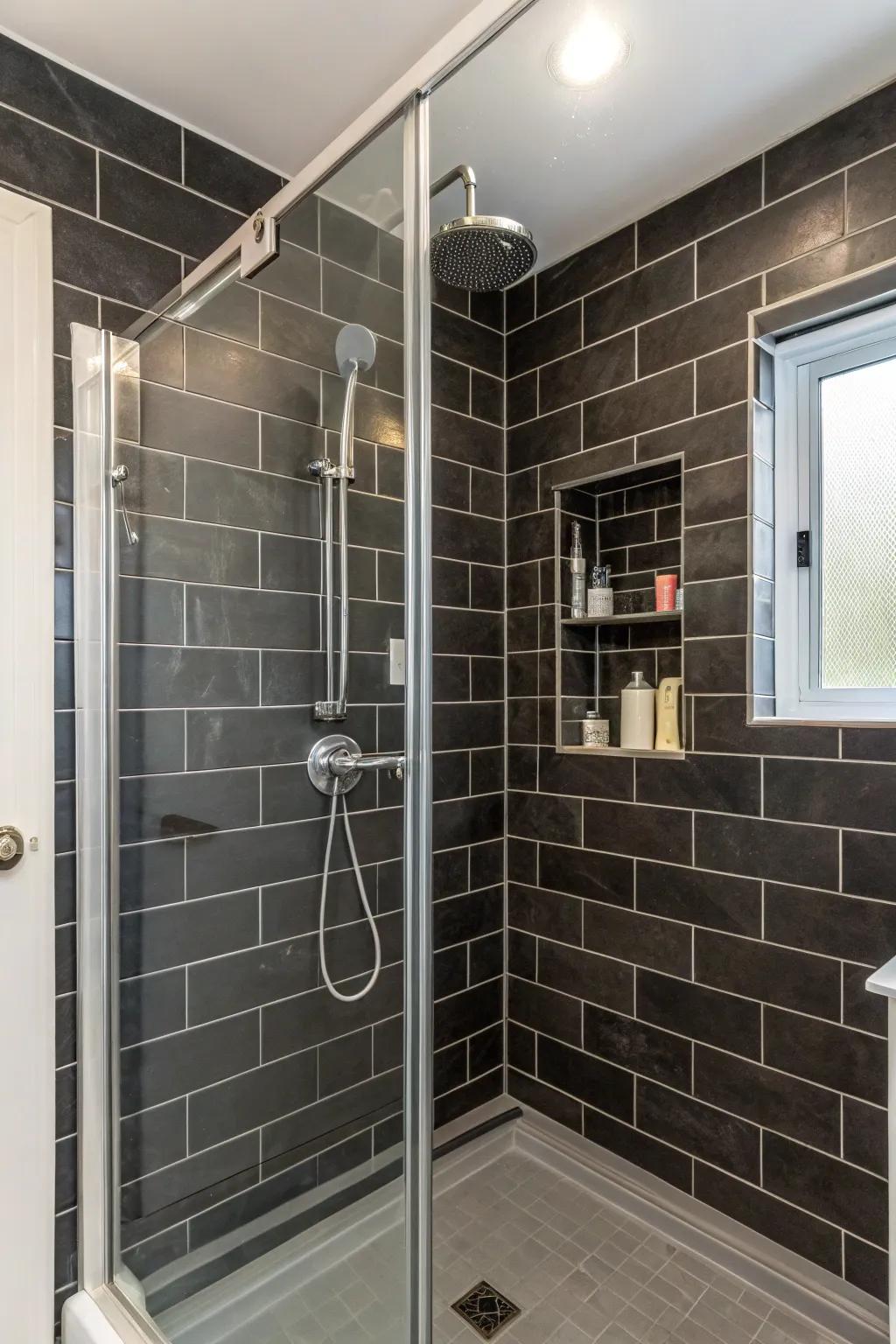 Dark tiles add drama and sophistication to a shower space.