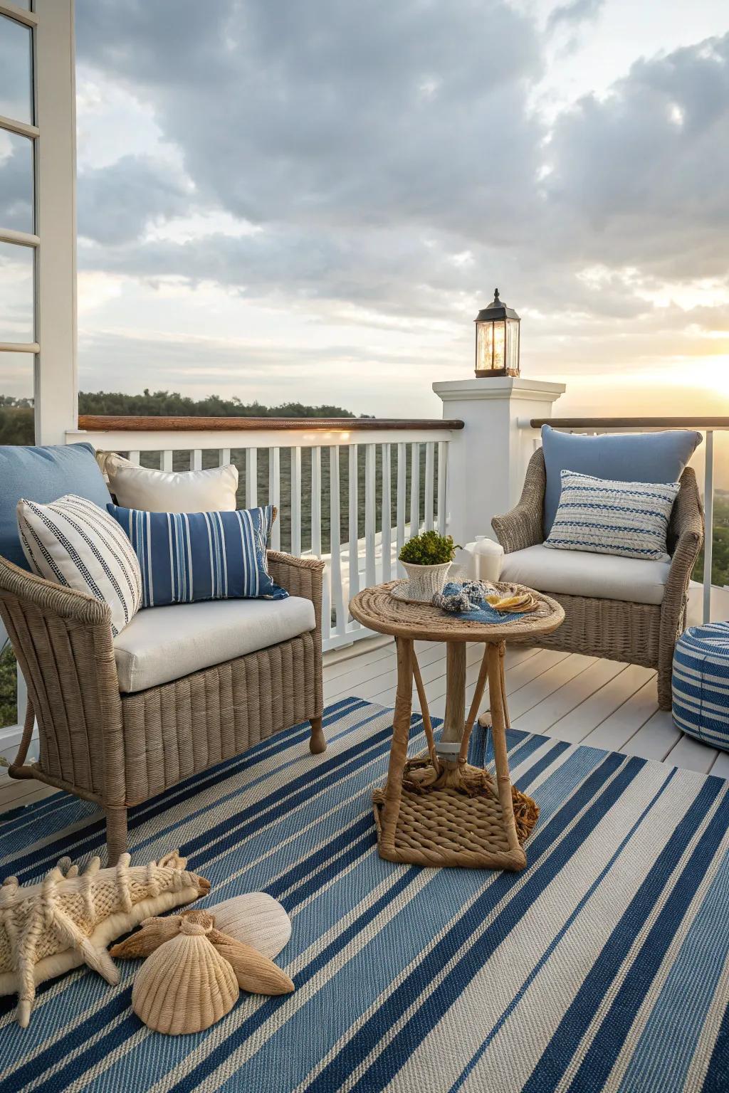 Nautical patterns bring a maritime charm to your balcony decor.