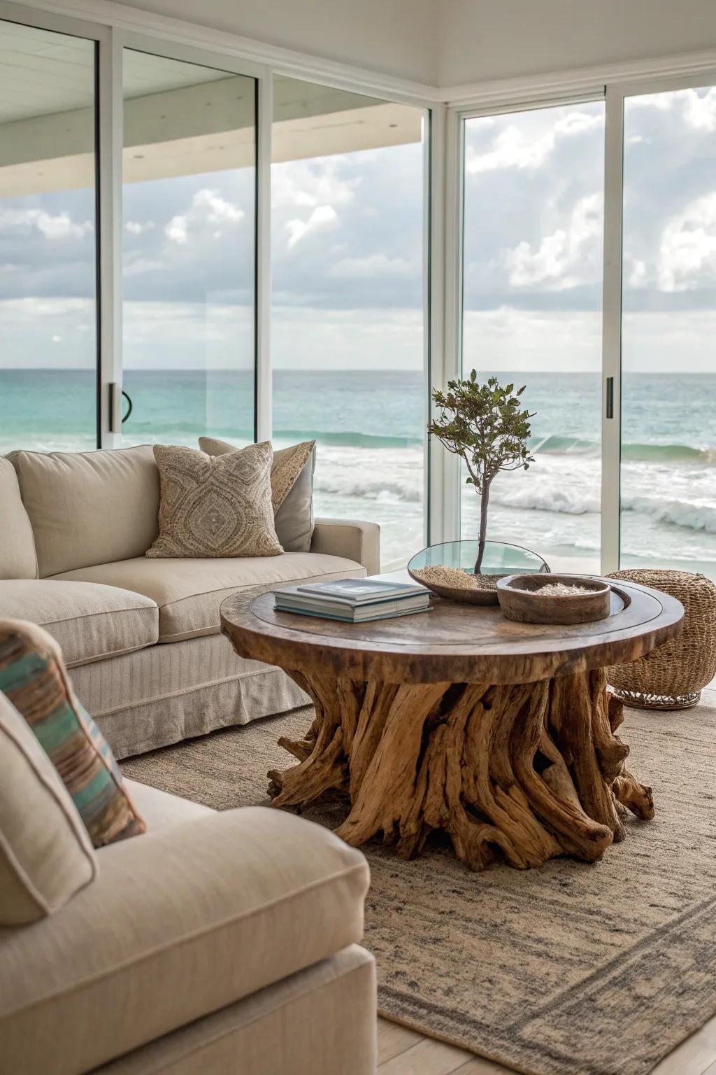 Driftwood tables bring rustic charm to your beach-inspired space.