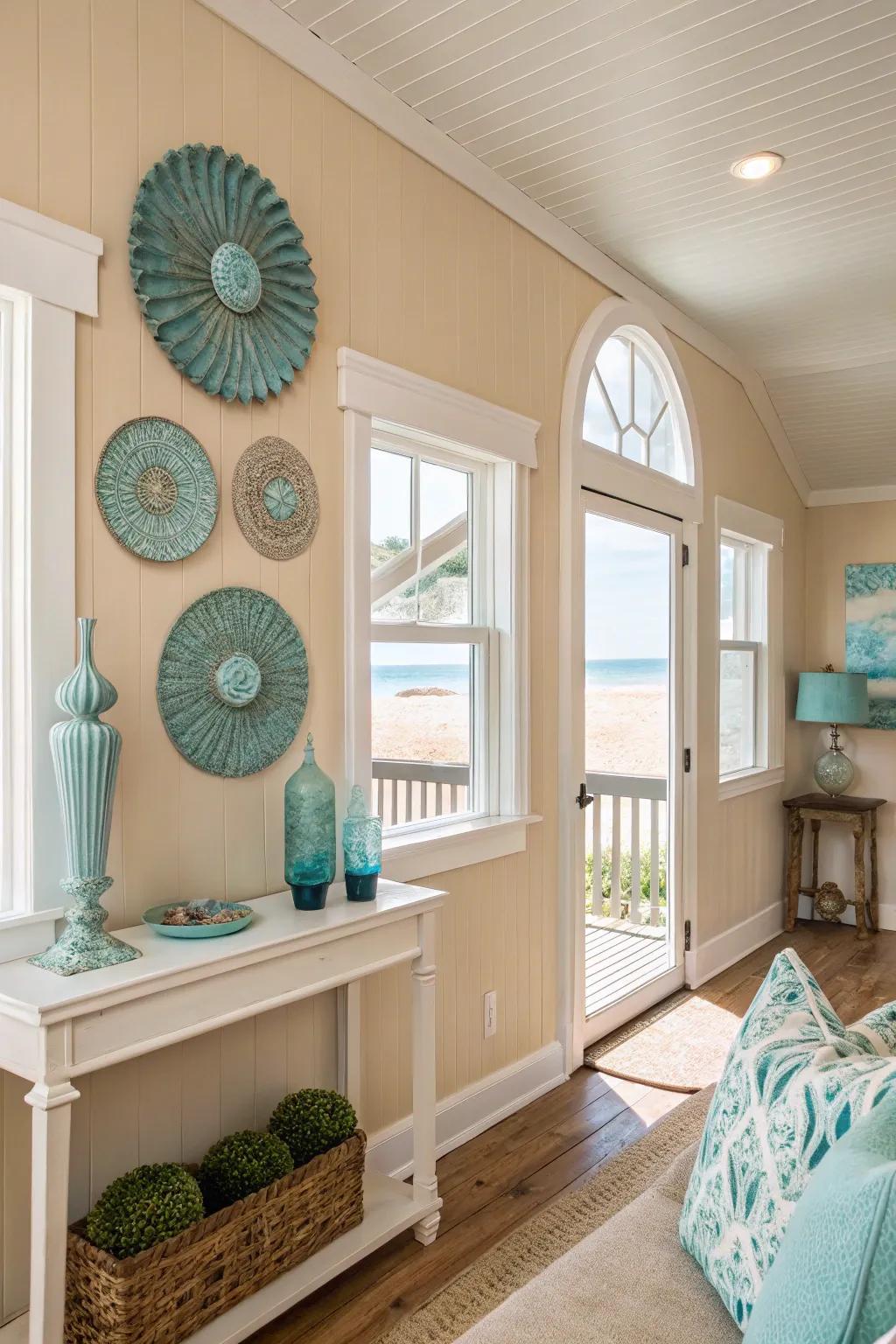 A soft color palette brings tranquility to this beach house interior.