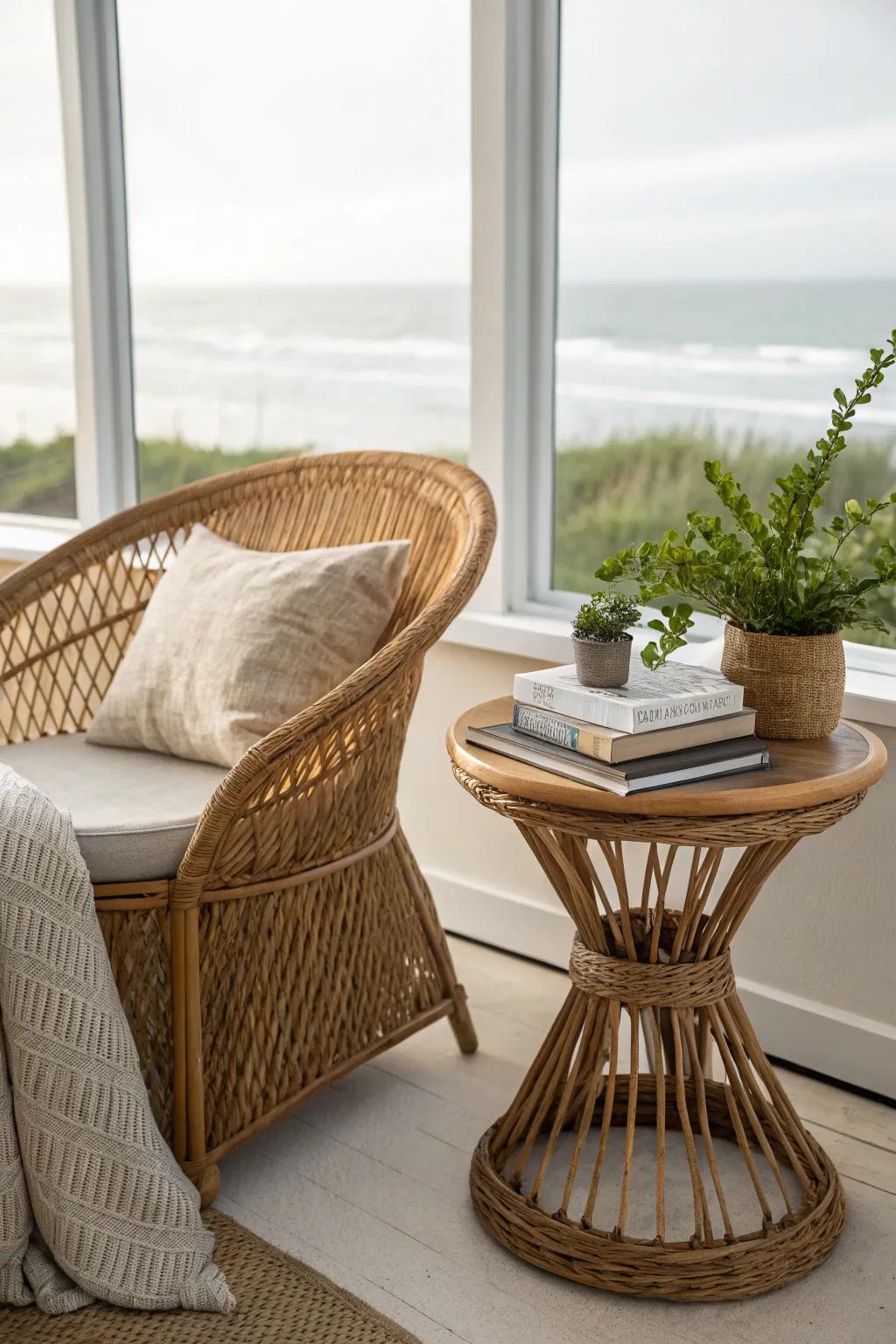 Wicker and rattan accents lend a natural and relaxed feel.