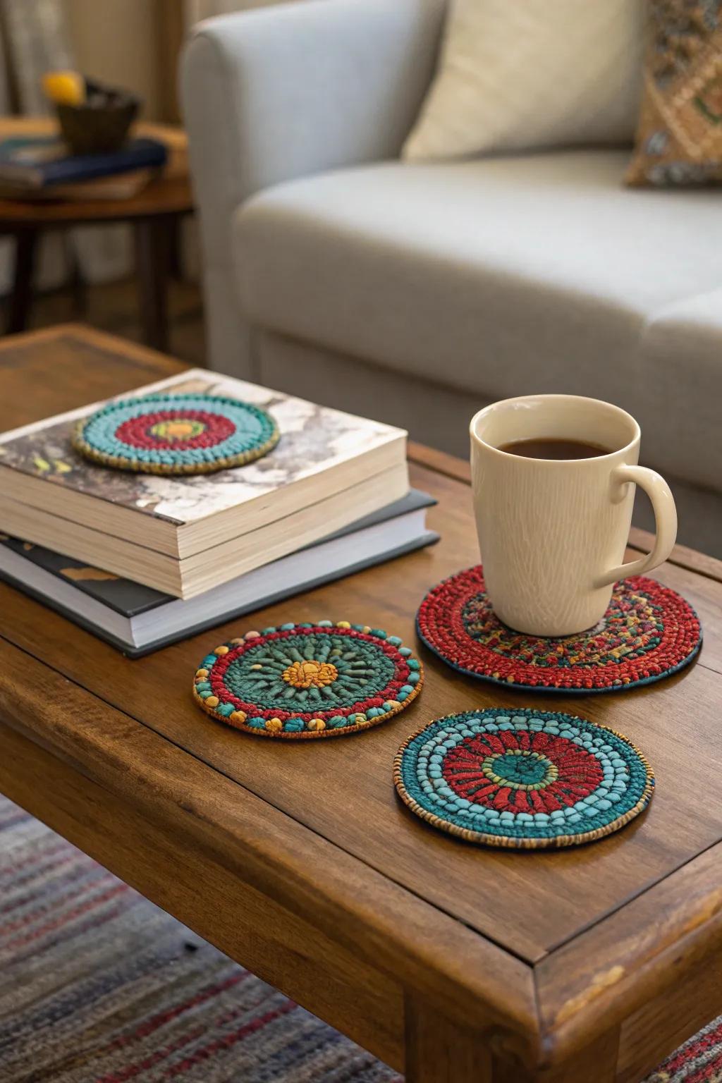 Vibrant mosaic bead coasters adding charm to the coffee table.