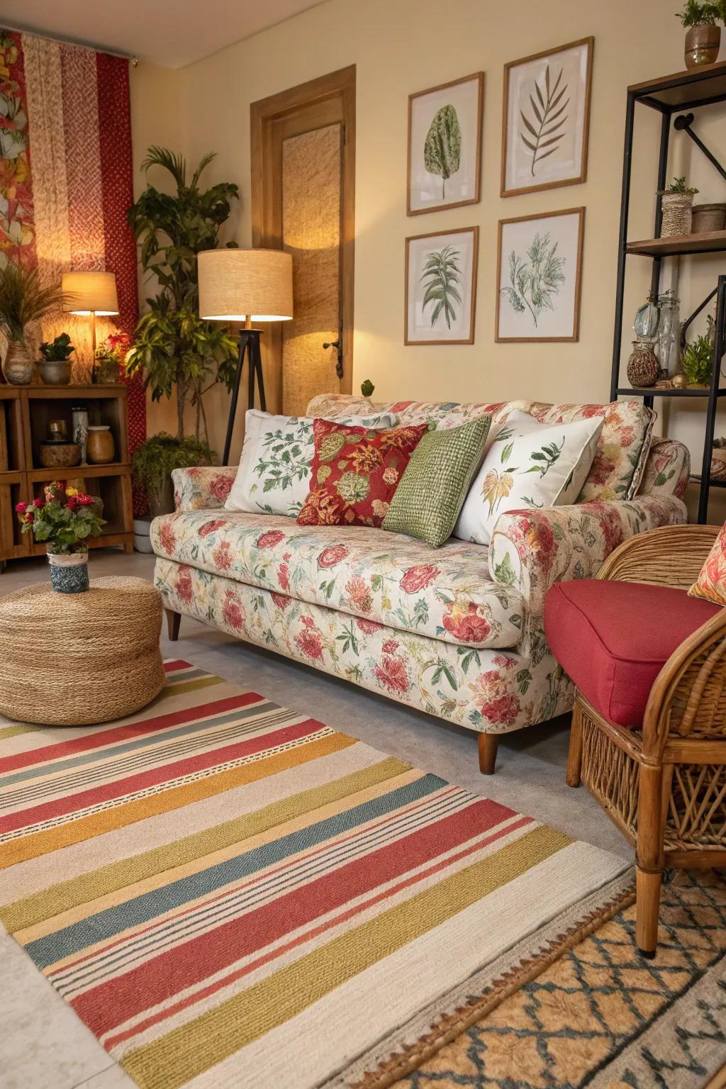 An eclectic mix of patterns and textures brings this living room to life.