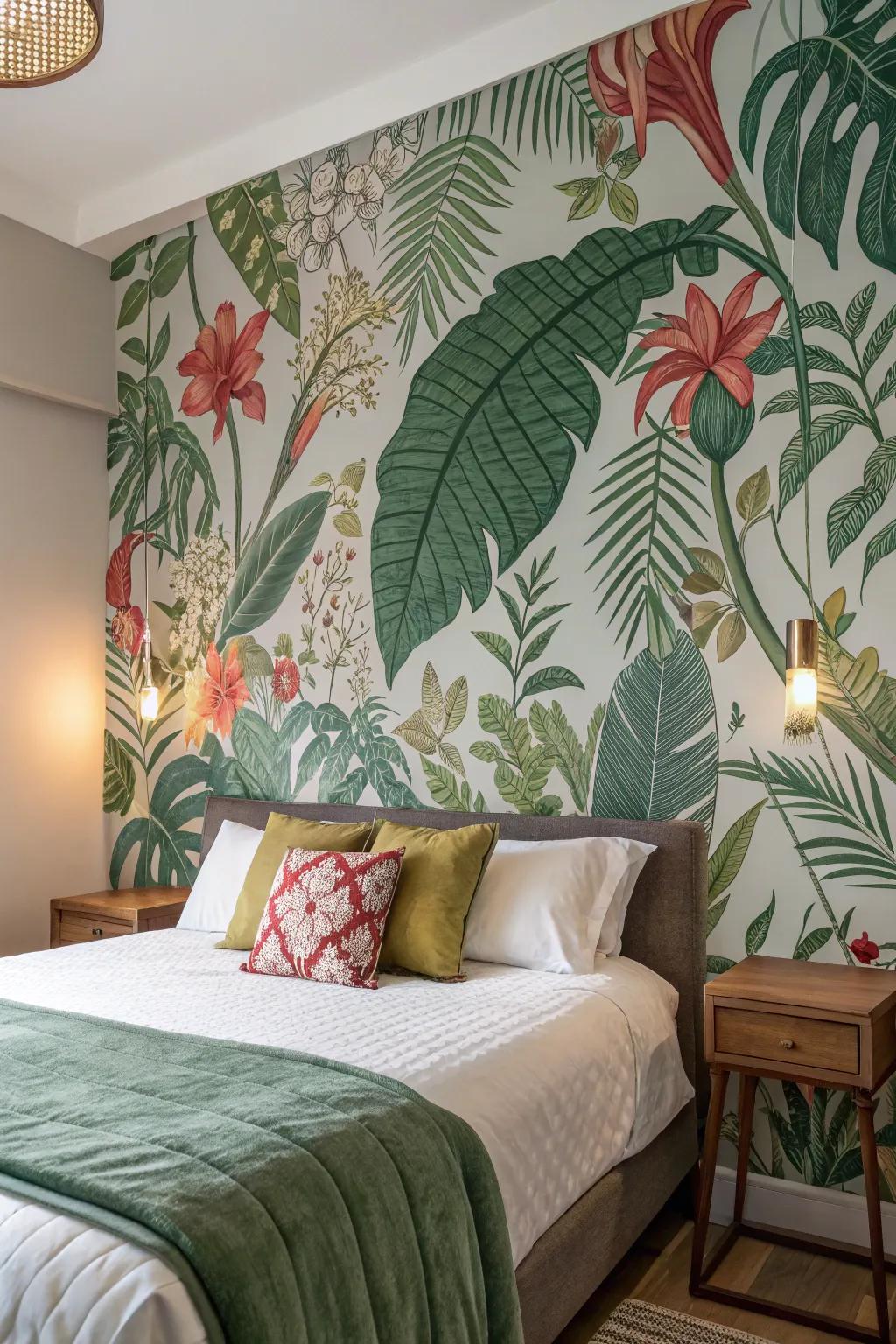 A bedroom brought to life with a botanical wallpaper backdrop.