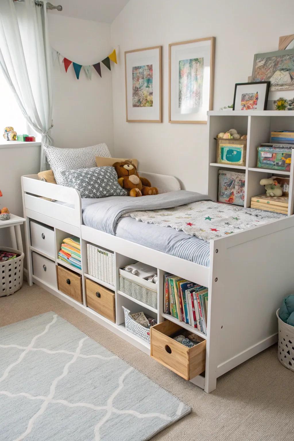 A smart and organized toddler bedroom featuring a bed with built-in storage for toys and clothes.