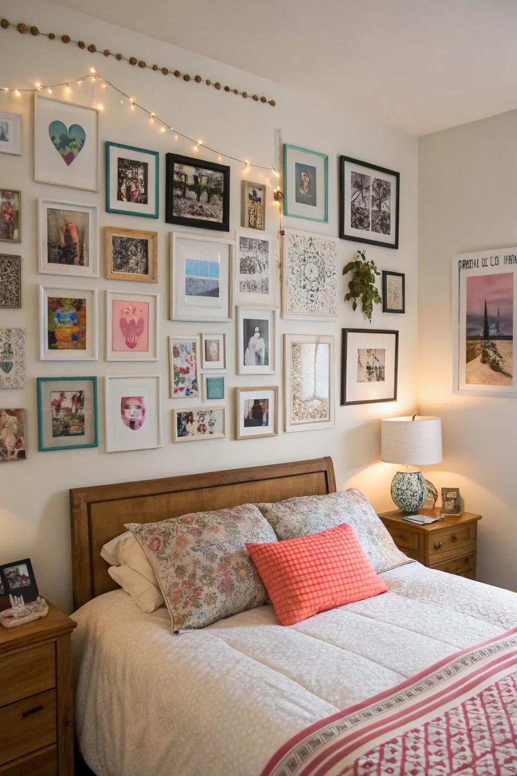 A gallery wall brings personal stories and style to your bedroom.