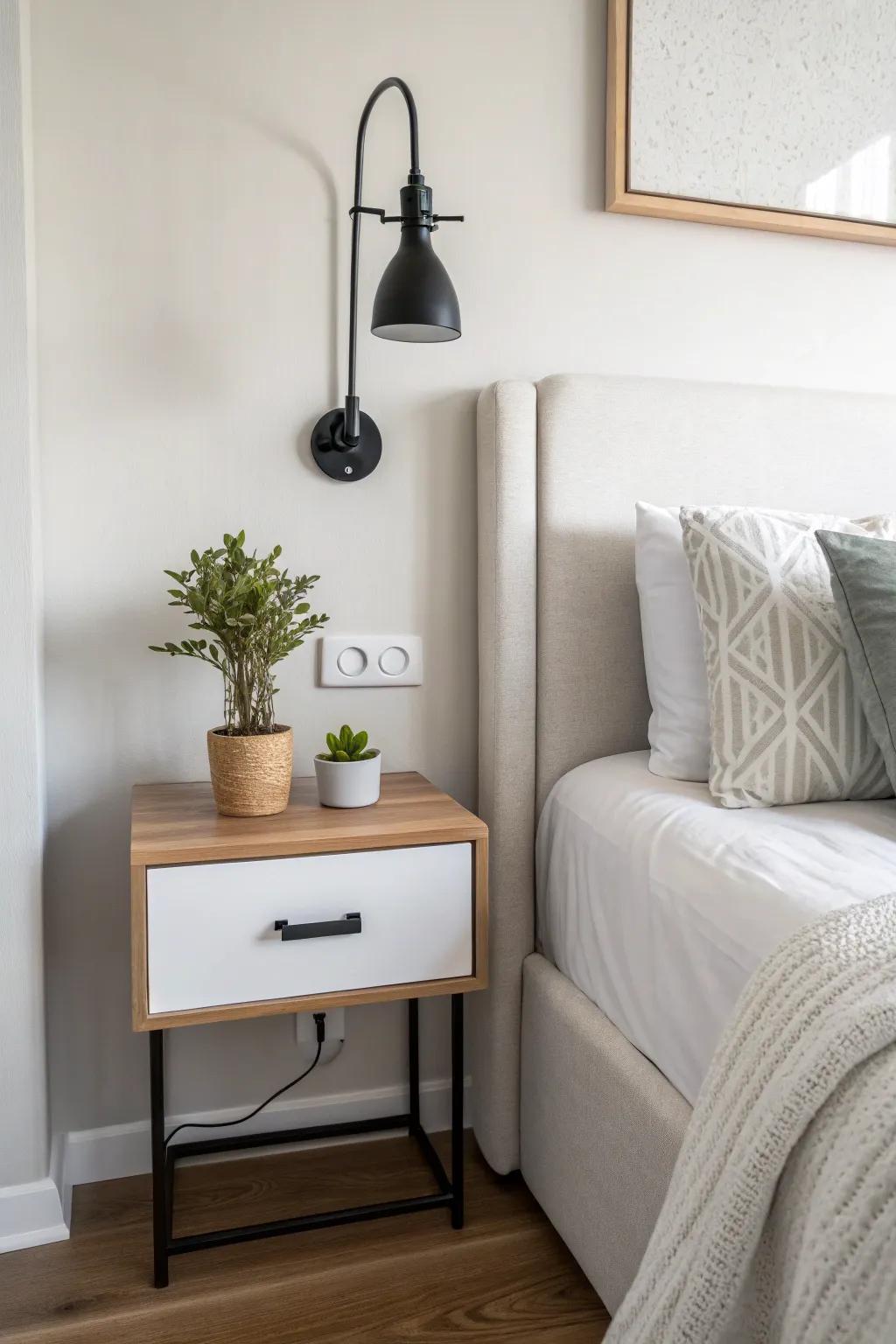 Wall-mounted nightstands free up floor space and offer a clean, modern look.