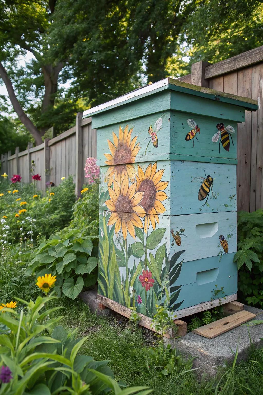 A vibrant mural of sunflowers and bees on a hive, blending art with nature.