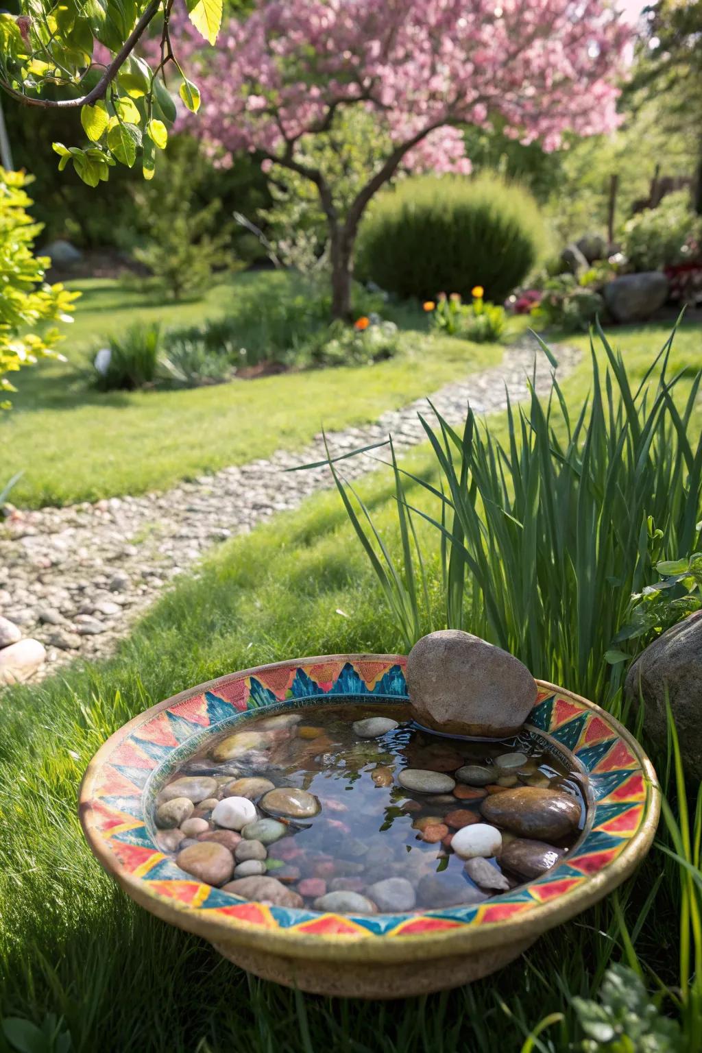 A vibrant ceramic saucer serving as a decorative bee watering station.