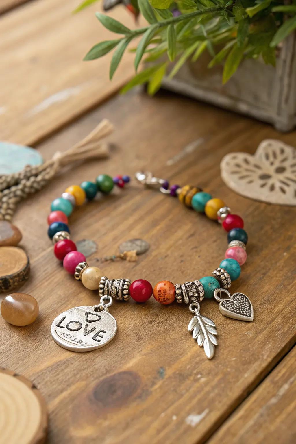 A bespoke bracelet filled with colorful beads and charms, perfect for a best friend.