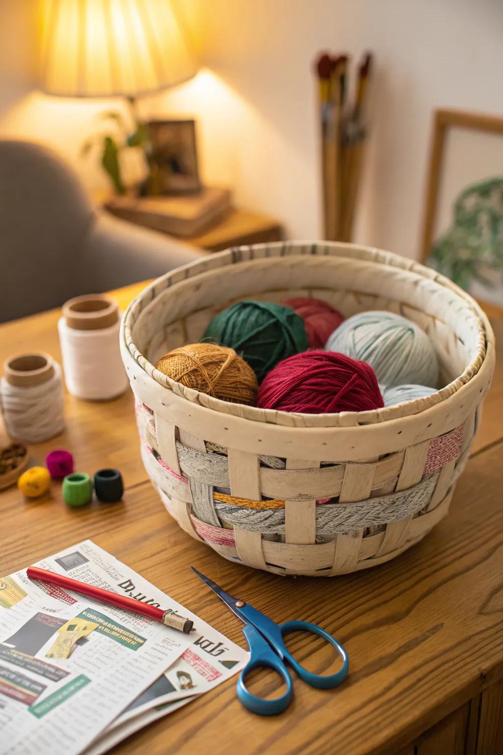 A woven basket crafted from recycled newspapers.