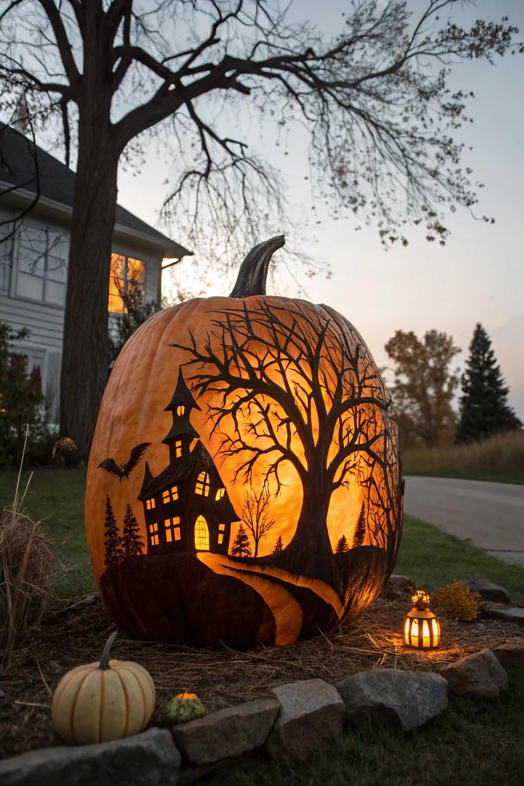 This eerie haunted house pumpkin casts spooky shadows on your doorstep.