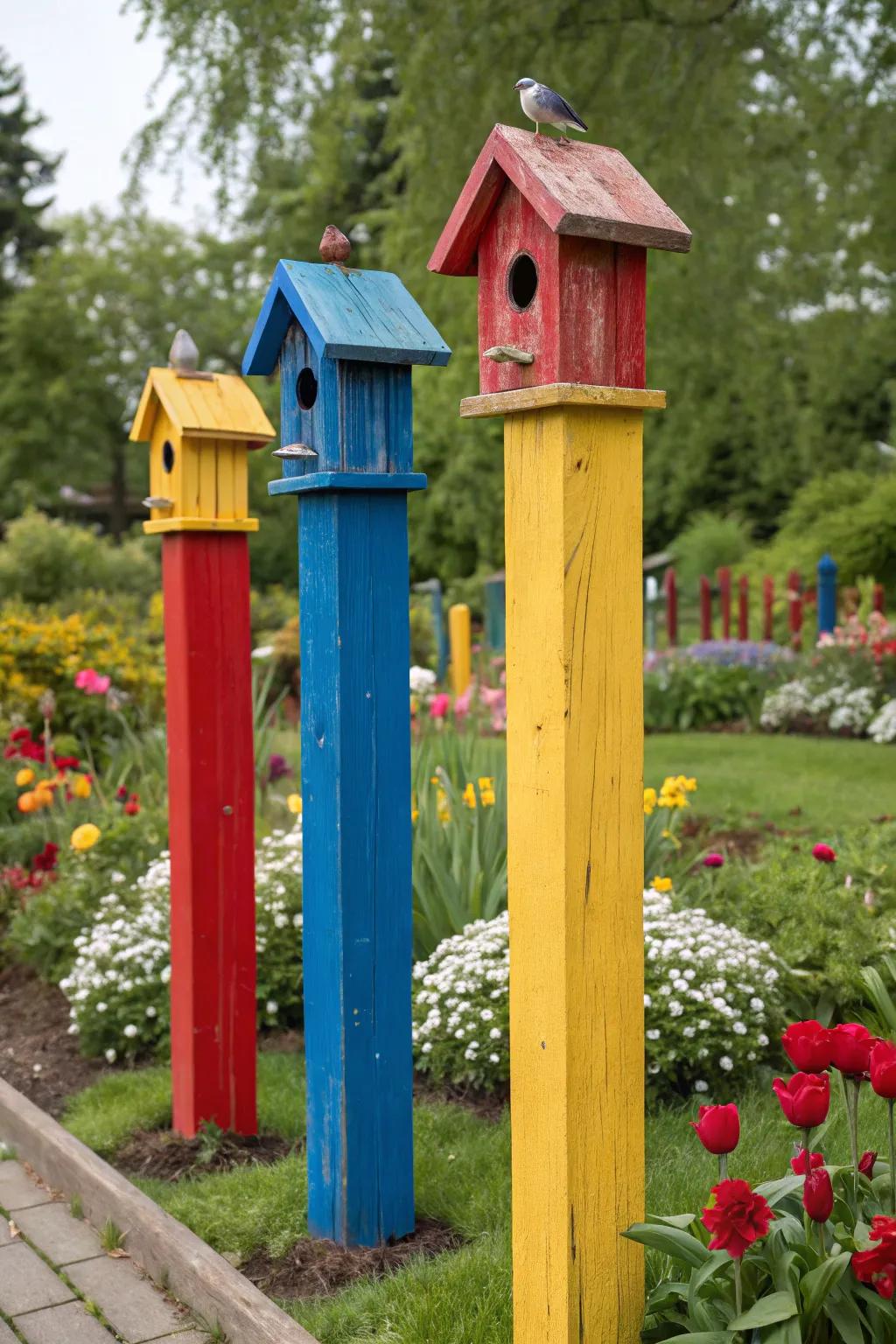 Brighten your garden with a parade of painted posts and birdhouses.