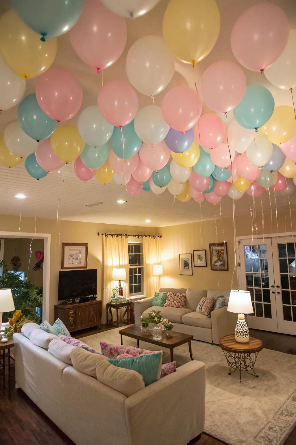 A ceiling adorned with pastel balloons, creating a dreamy ambiance for a birthday party.