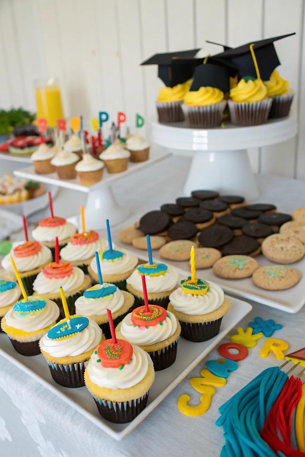 A delightful dessert table that combines the sweetness of birthdays and graduations.