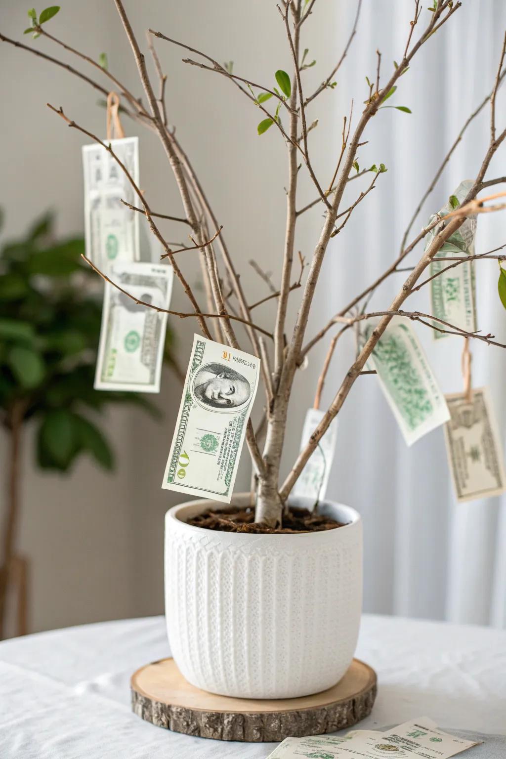 Celebrate with a touch of nature: a rustic money tree gift that combines simplicity and charm.