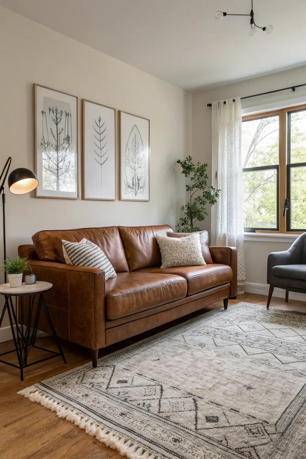 A brown leather sofa adds richness and comfort.