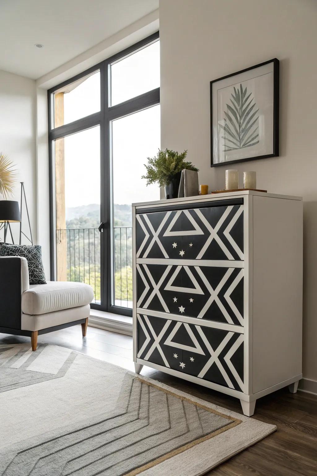 A modern geometric design on a dresser that adds sophistication to a minimalist space.