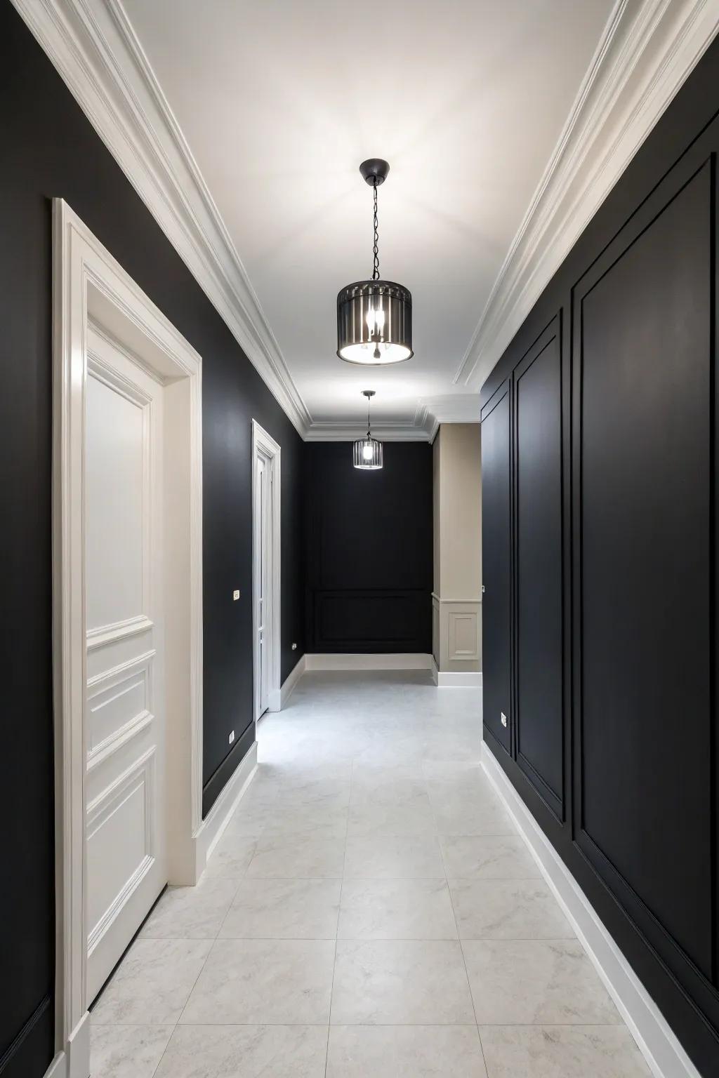 A bold black wall adds depth and drama to this hallway.