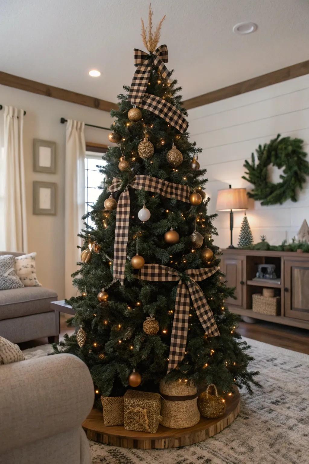 A farmhouse-inspired black Christmas tree with buffalo check ribbons and rustic decor.