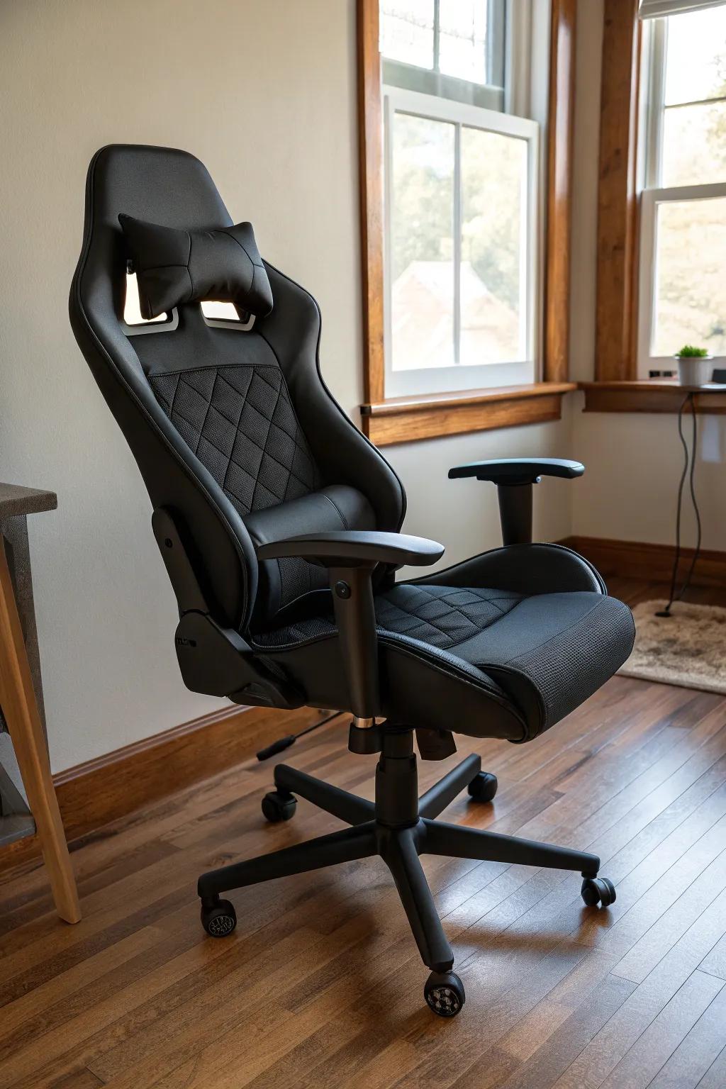 A comfortable black chair ensures you stay relaxed during long gaming sessions.