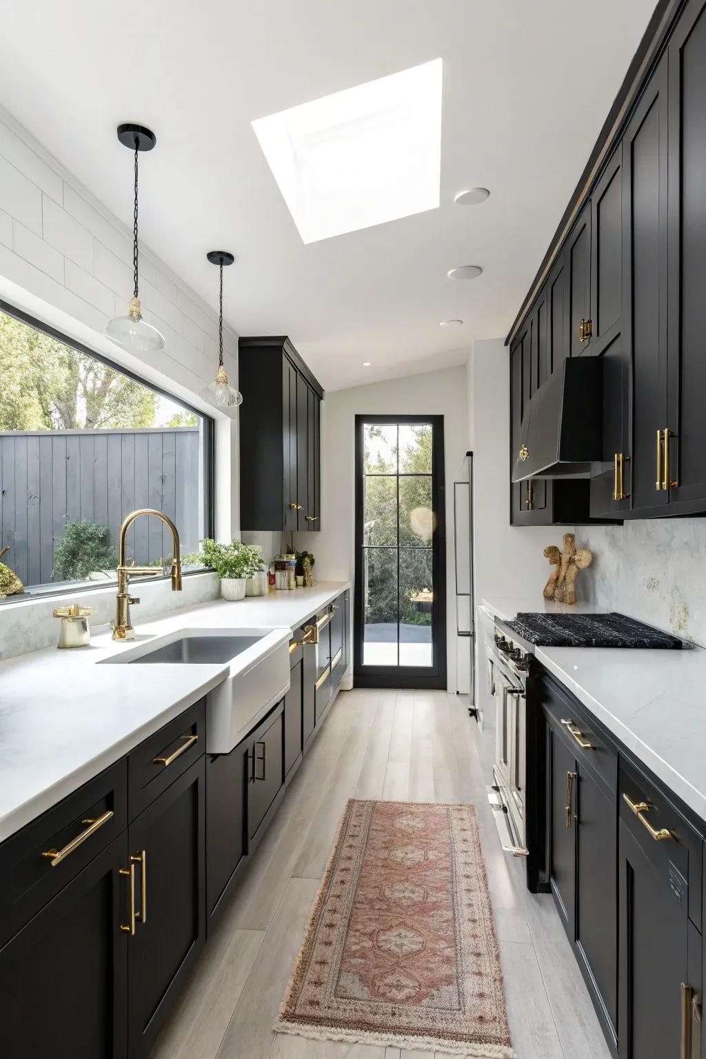 A chic black kitchen with contrasting white elements and brass details.