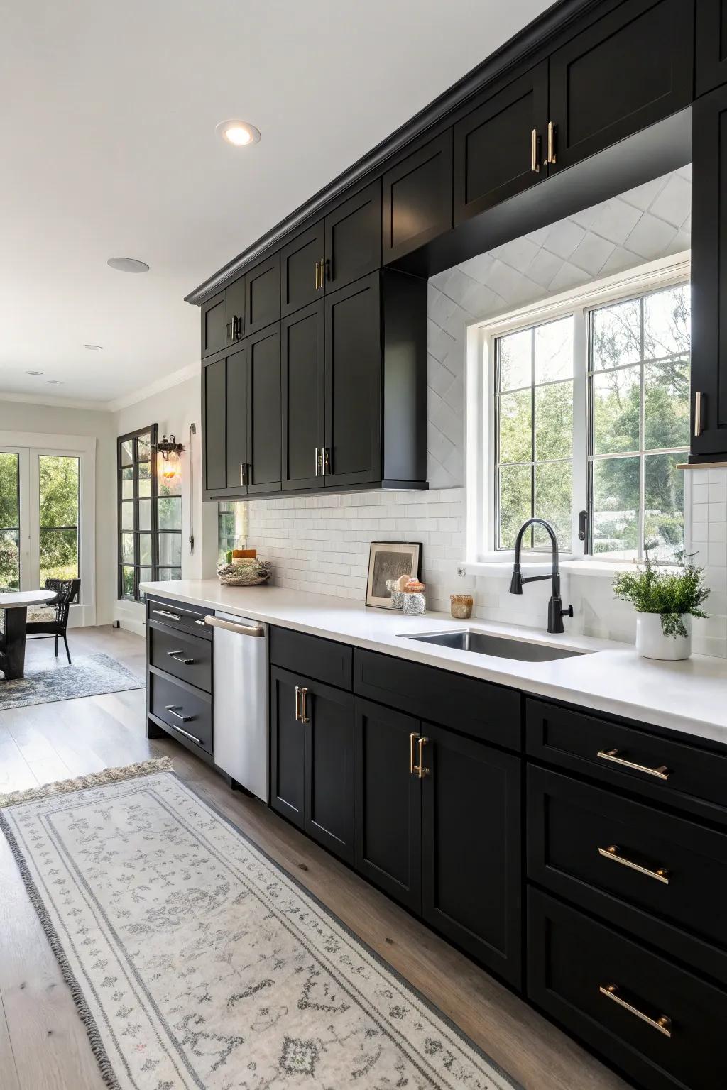 A kitchen that beautifully contrasts black cabinets with white surfaces.