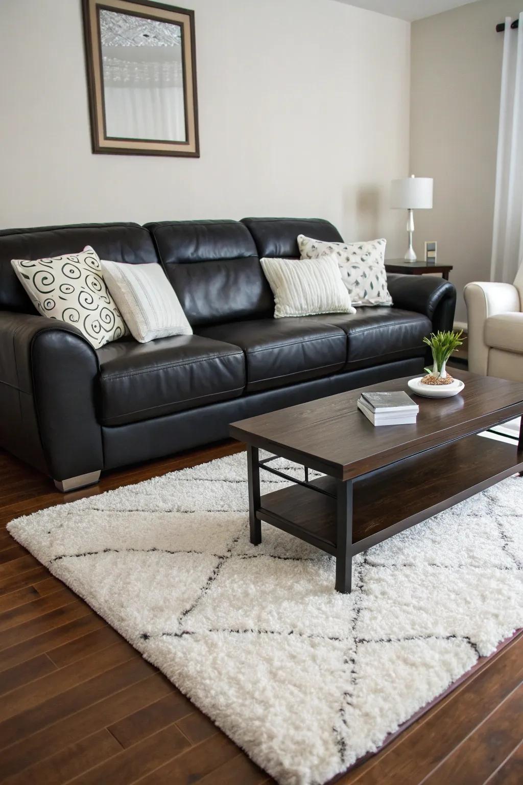 A striking contrast is achieved with the black leather sofa and white accents.