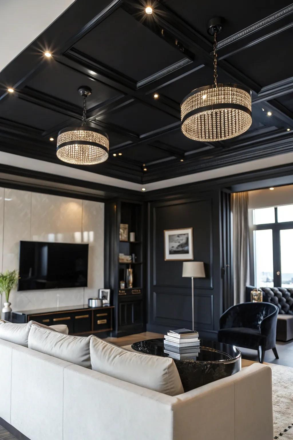 A high-gloss black ceiling adds a touch of luxury to any living room.