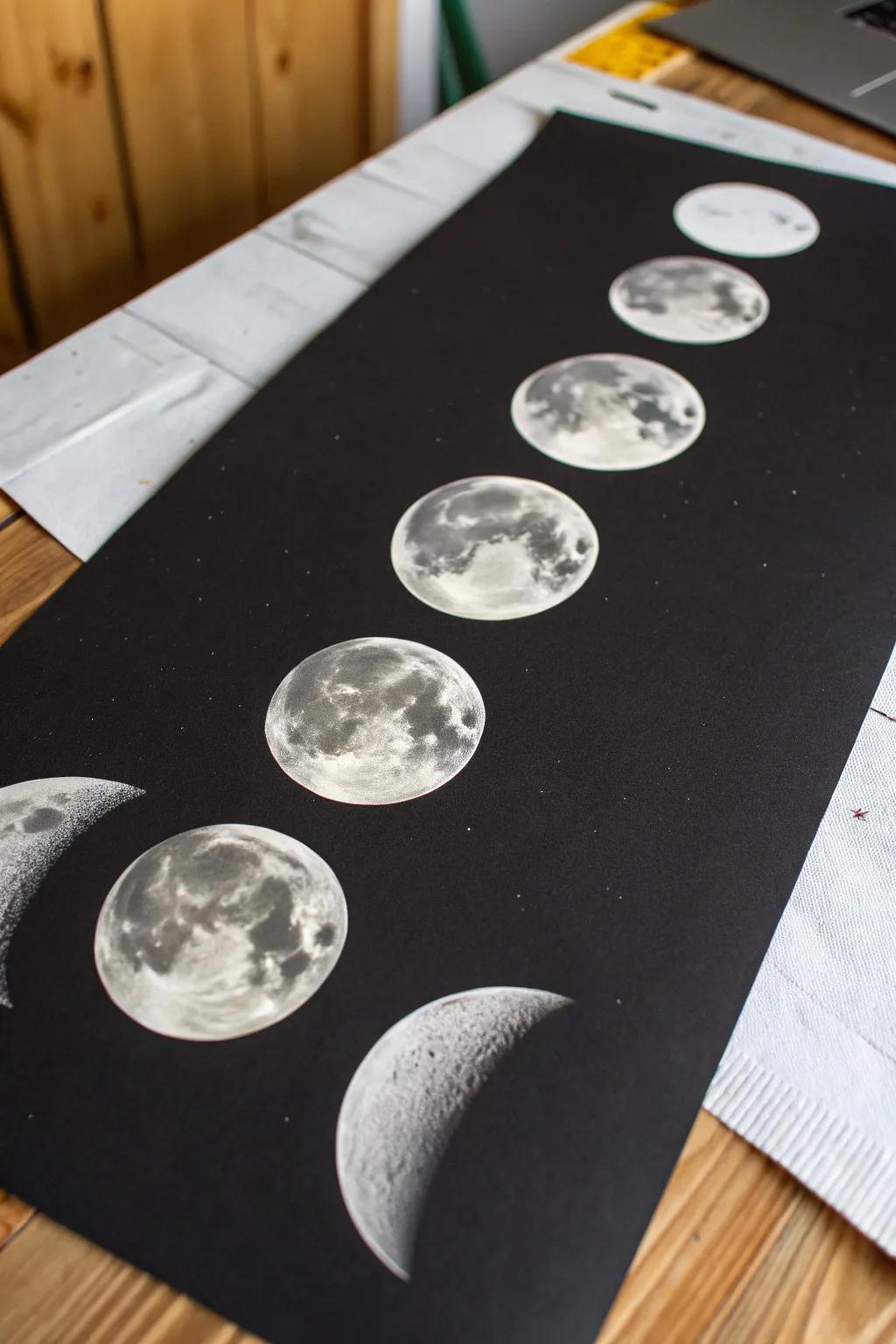 Capture the tranquil beauty of moon phases on black paper for a serene decor touch.