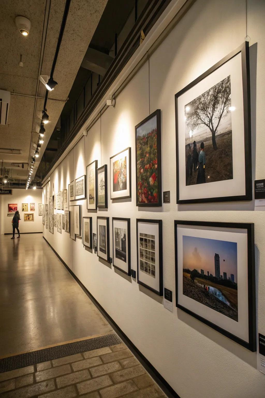 A striking gallery wall with an eclectic mix of art and photos in black frames.