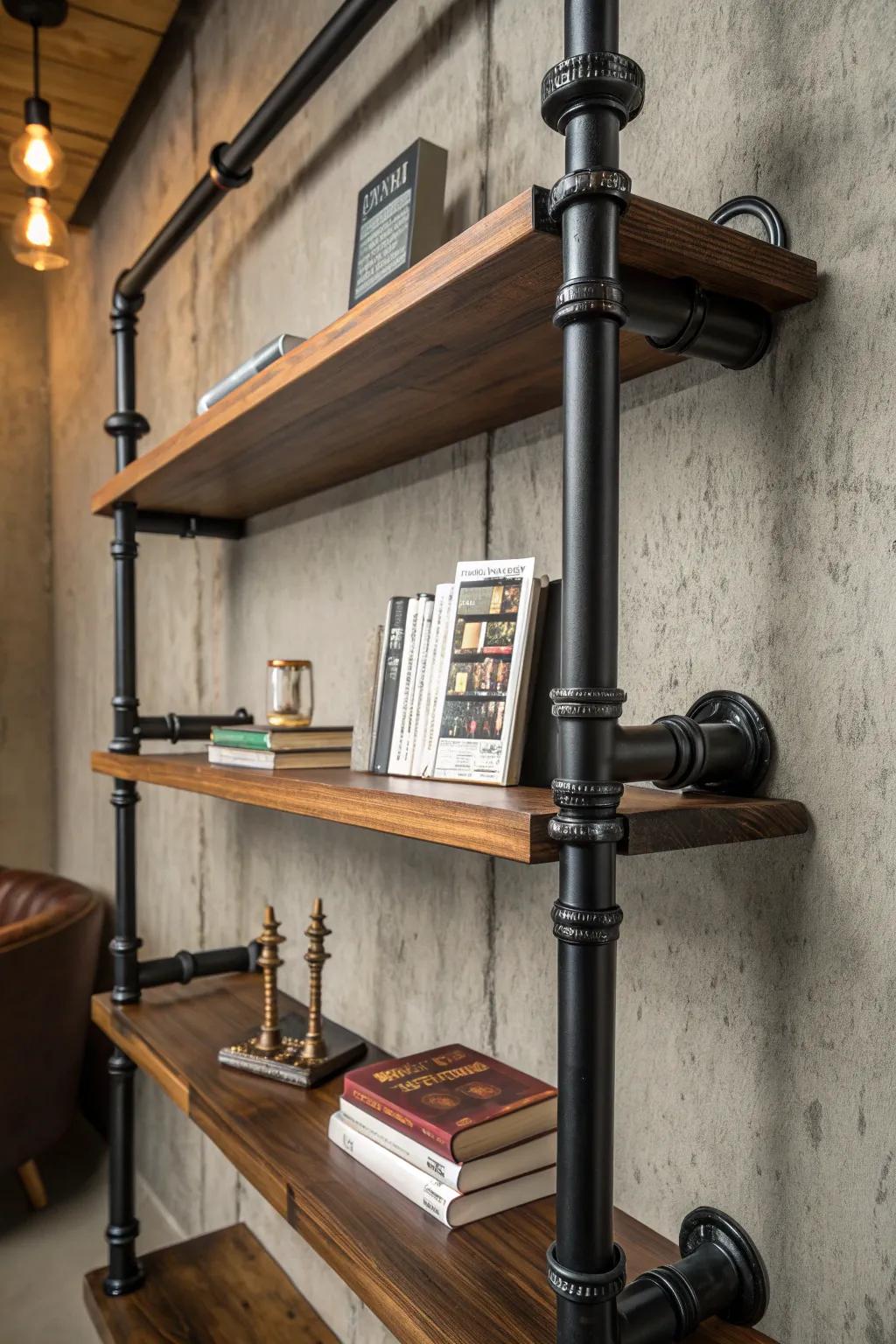 Elevate your space with this stunning industrial pipe bookshelf—where form meets function.