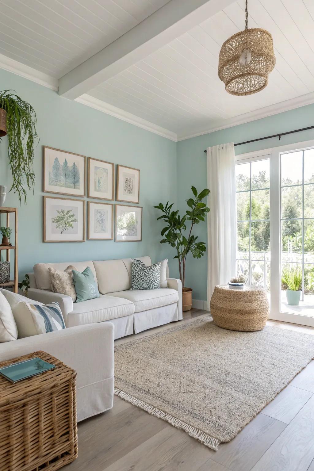 A serene living room with a soft sky blue accent wall and airy decor.