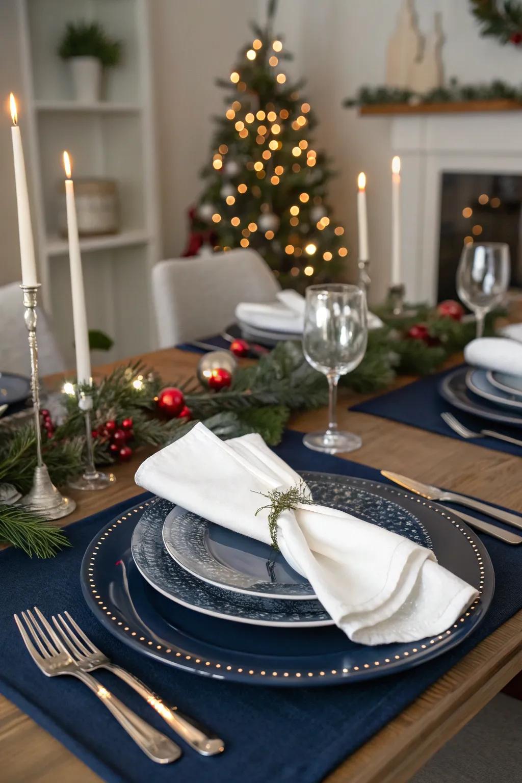 Navy blue table settings offer a sophisticated backdrop for your holiday feasts.