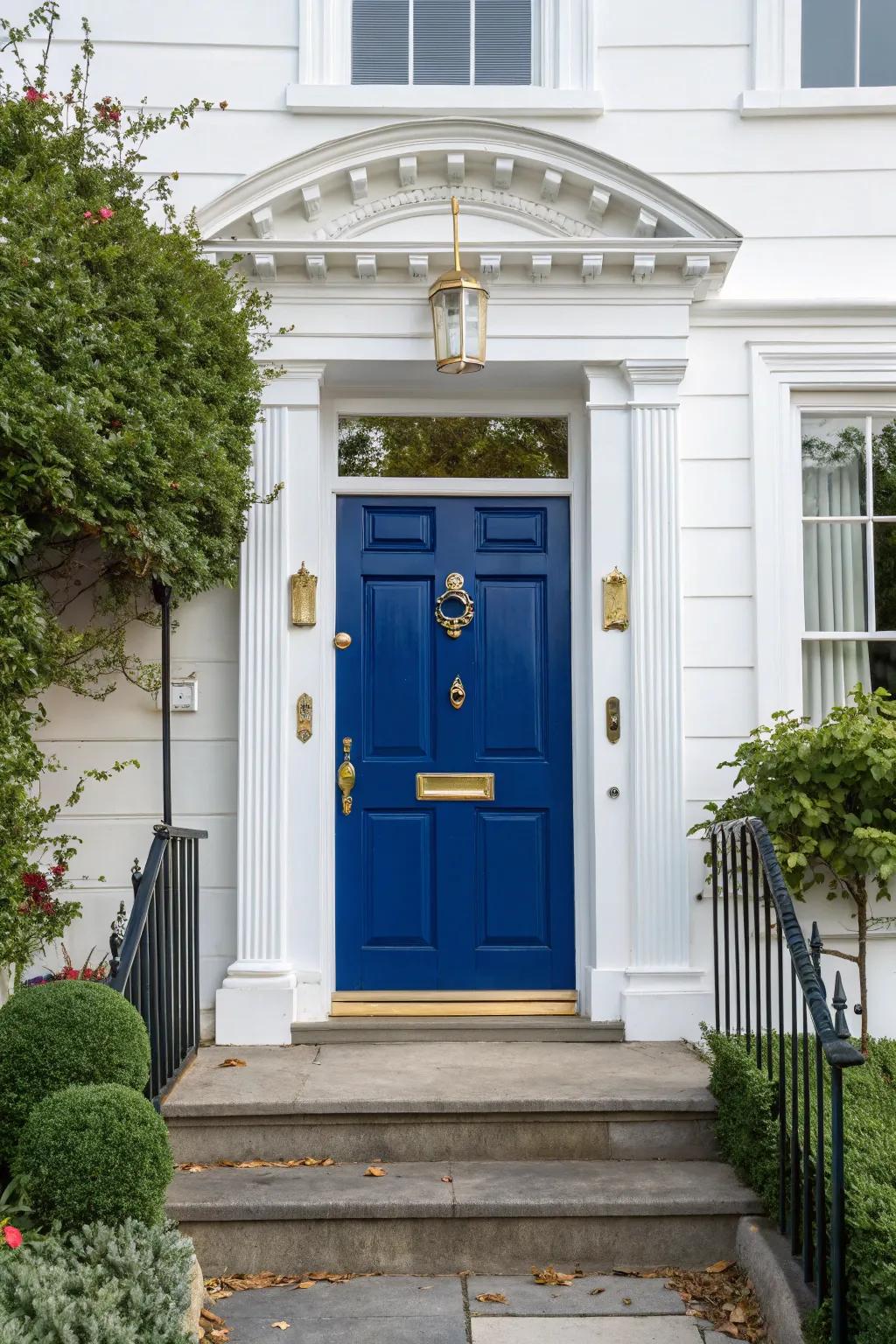 A royal blue door adds a regal touch to a classic home.