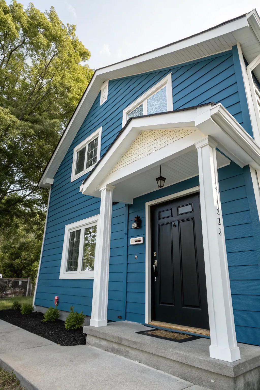 Black doors enhance the elegance of blue homes.