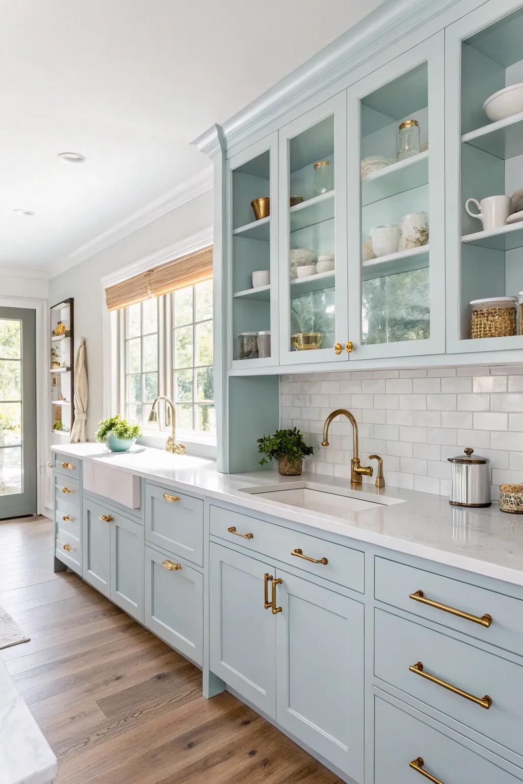 Light blue cabinets with gold pulls create a fresh and airy kitchen atmosphere.