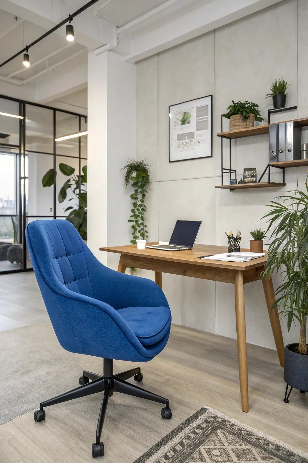 A royal blue chair serves as a striking focal point.