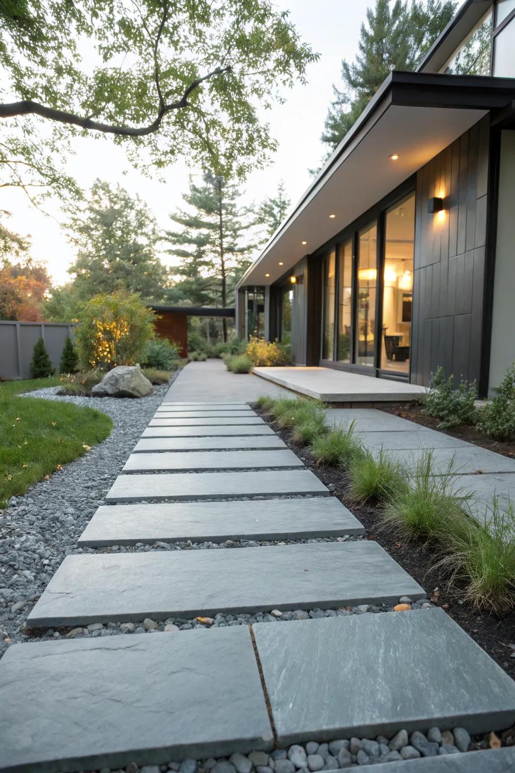 Sleek and modern, this bluestone walkway complements contemporary architecture.