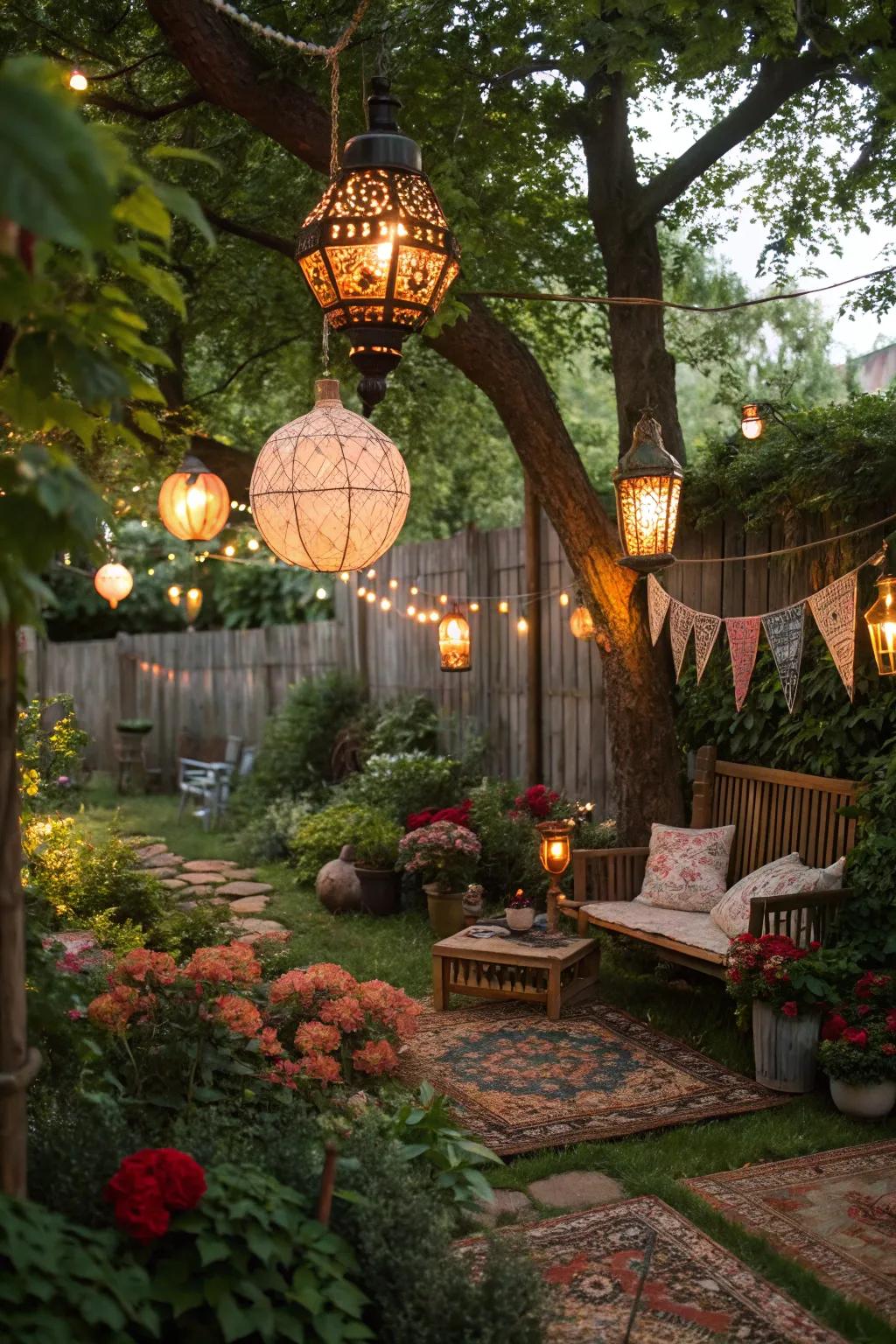 An enchanting garden lit by hanging lanterns.