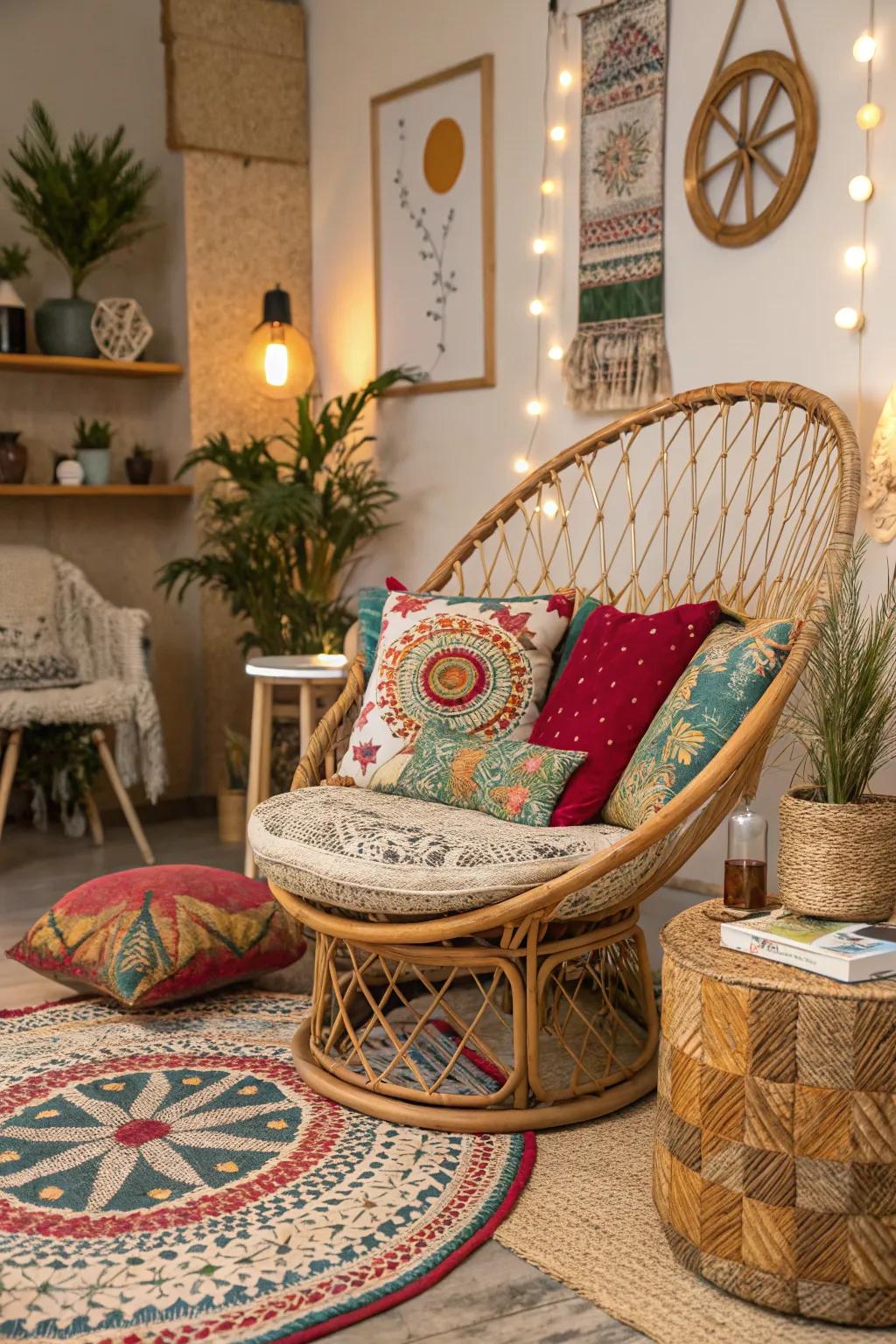 Rattan furniture adds a natural touch to boho interiors.