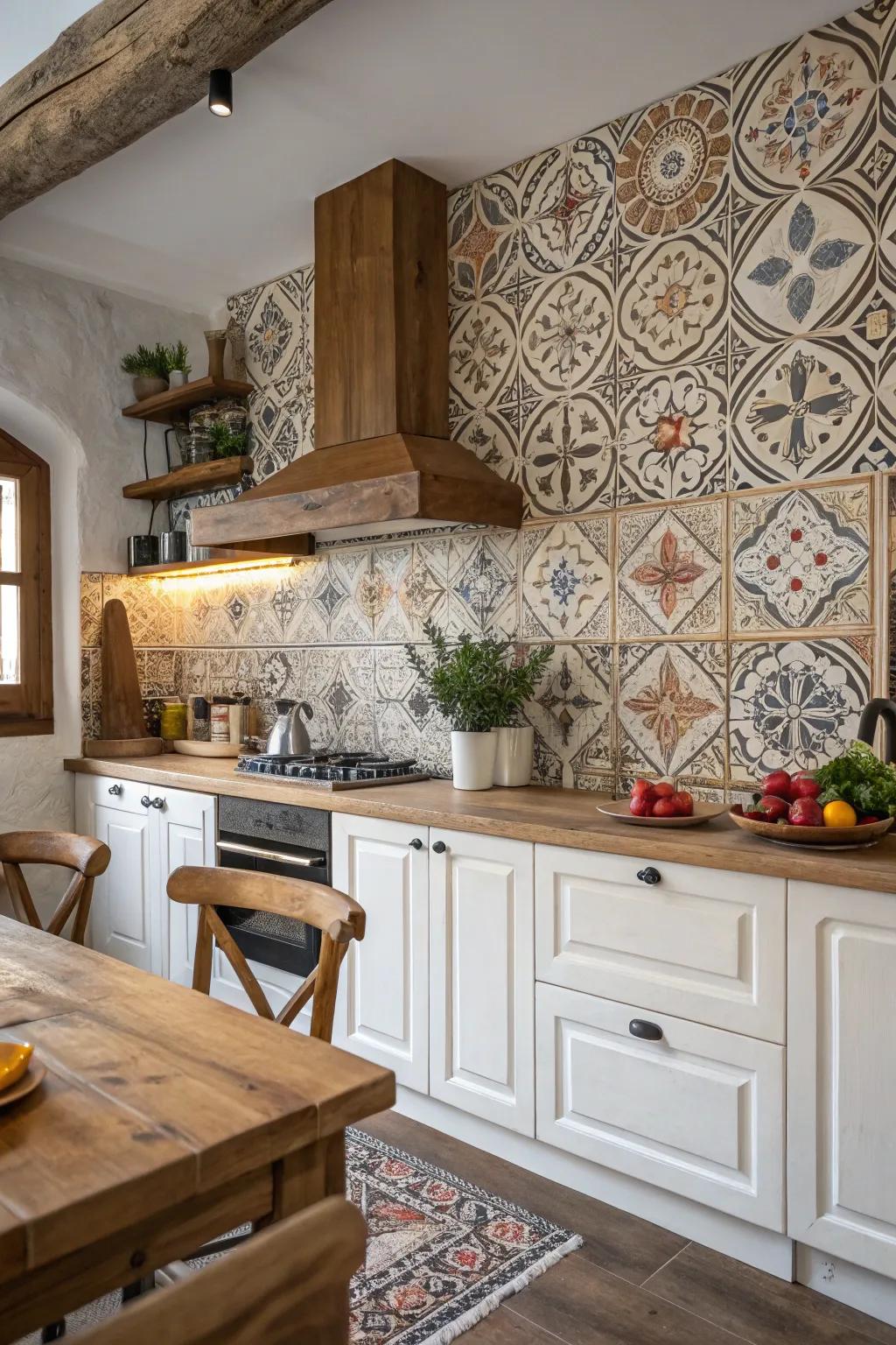 Intricate patterned tiles add a touch of global flair to this kitchen.