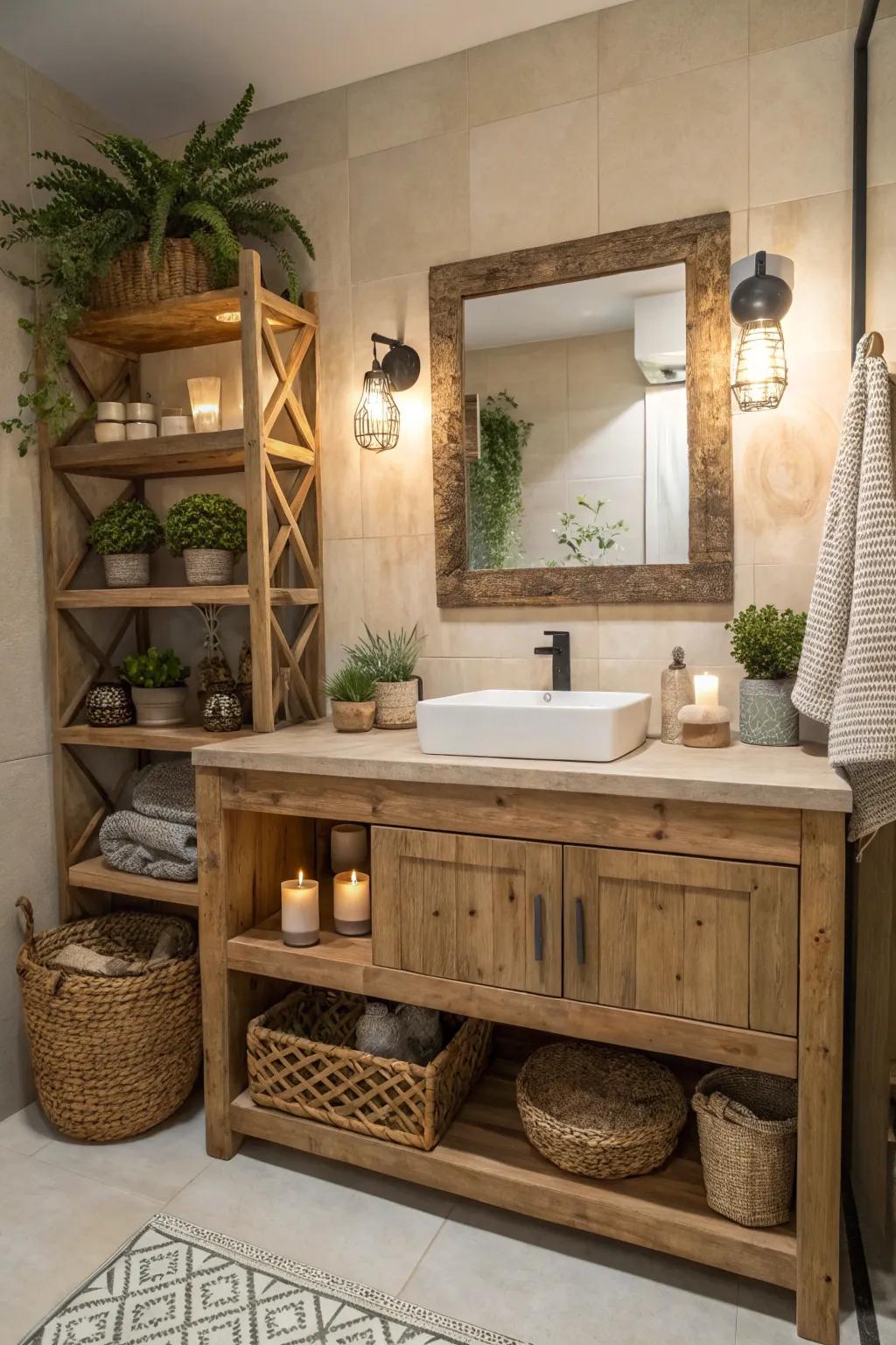 Reclaimed wood introduces rustic charm, perfect for a boho farmhouse bathroom.