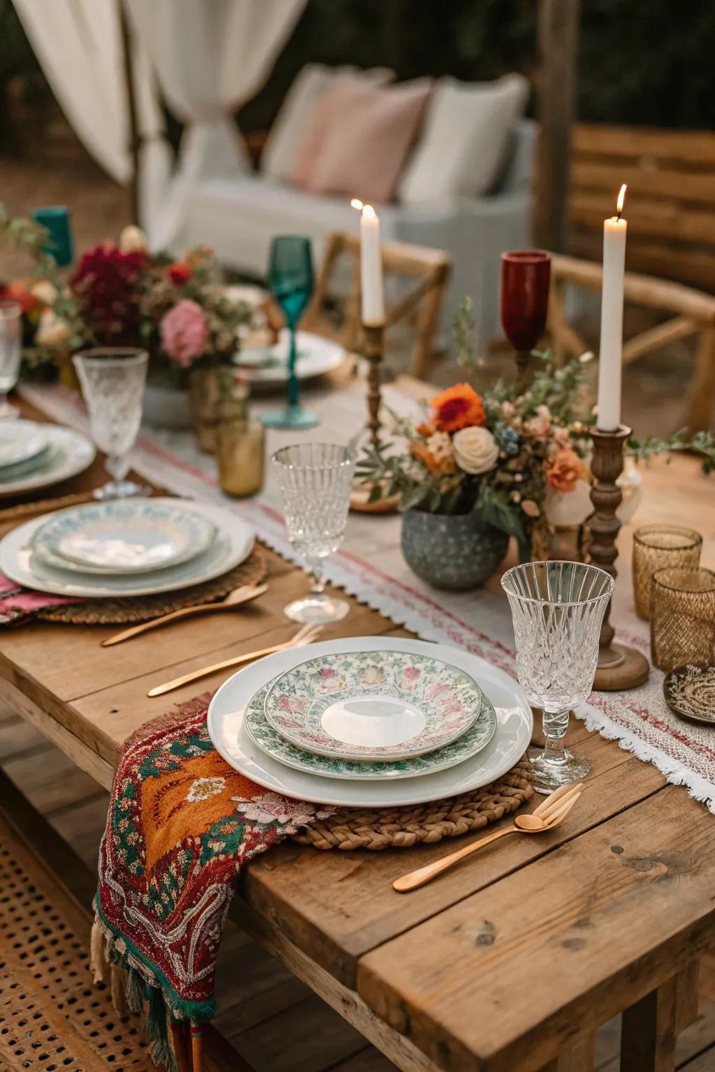 An eclectic mix of dishware adds character to any table.