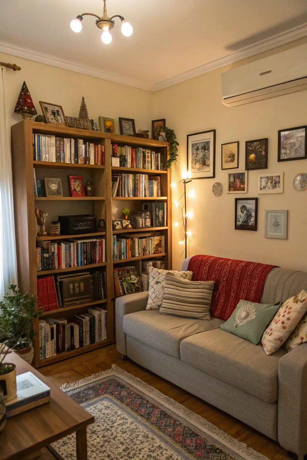 A bookshelf above the sofa adds personality and storage.