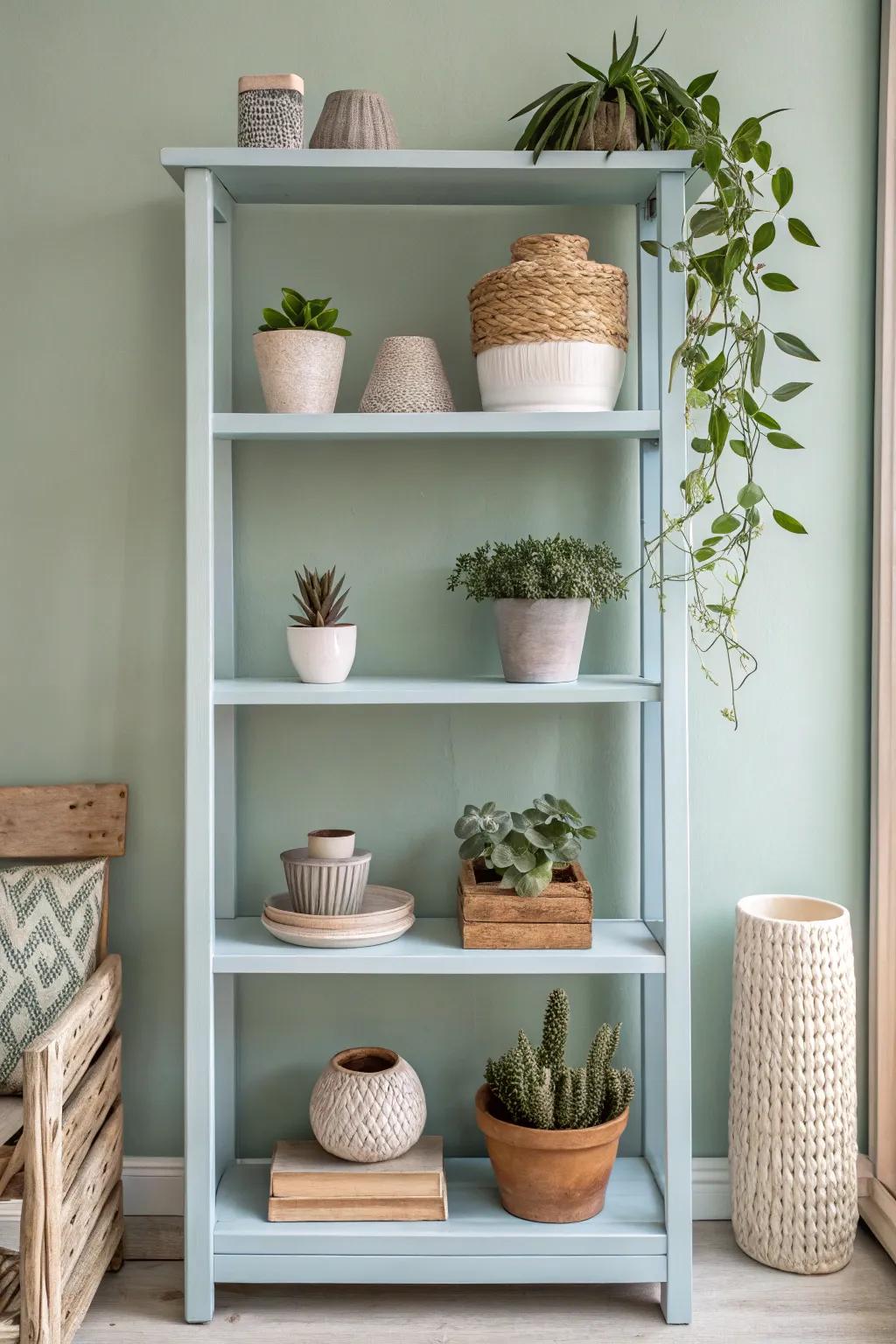 Transform your reading nook into a haven of tranquility with soft pastel-painted shelves.