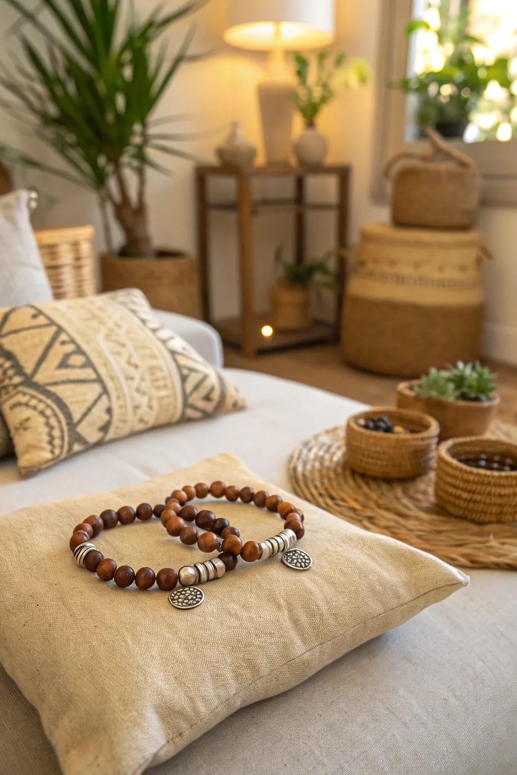 Earthy wooden bead bracelets with a metallic twist.