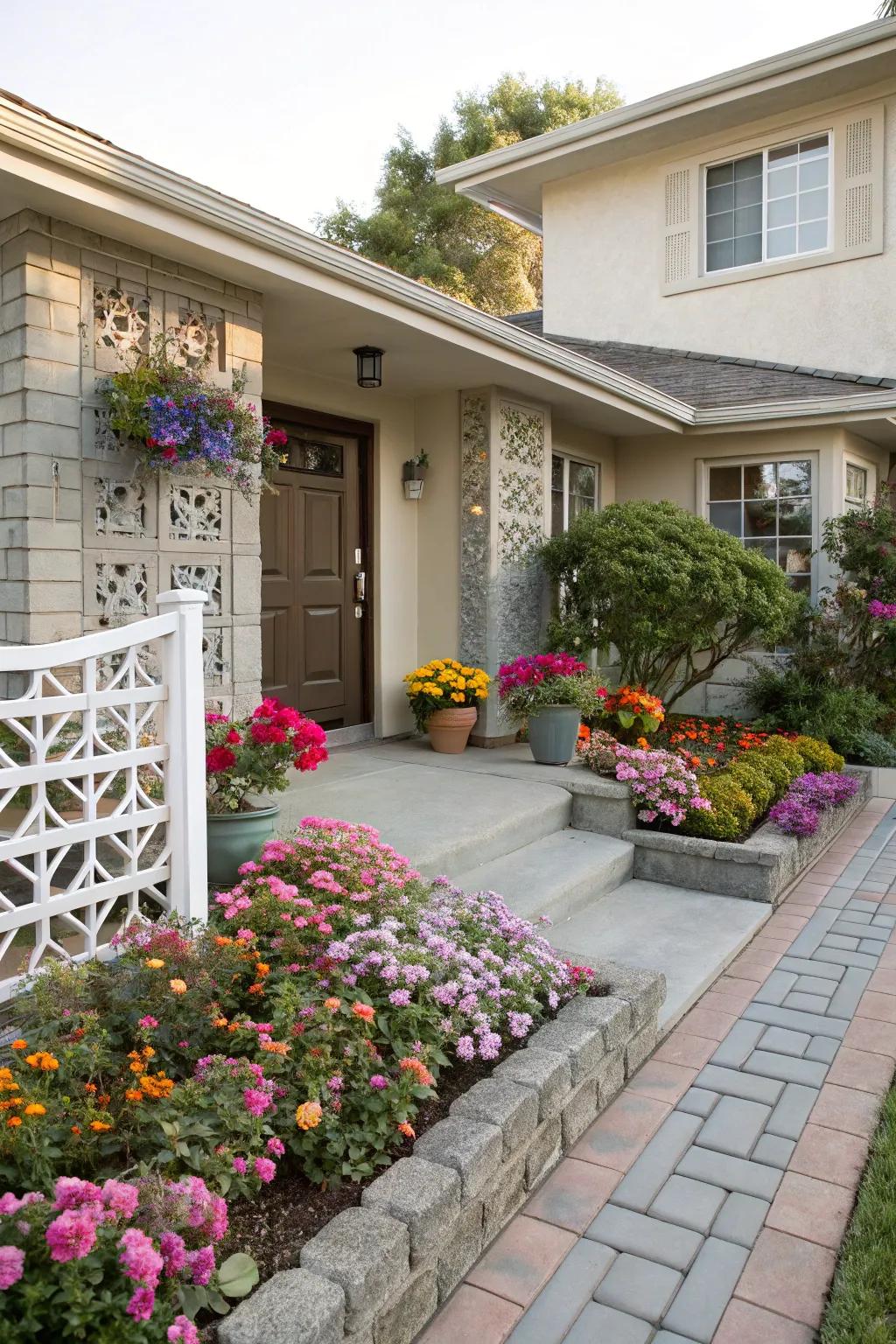 An inviting home entrance with a stylish breeze block wall.