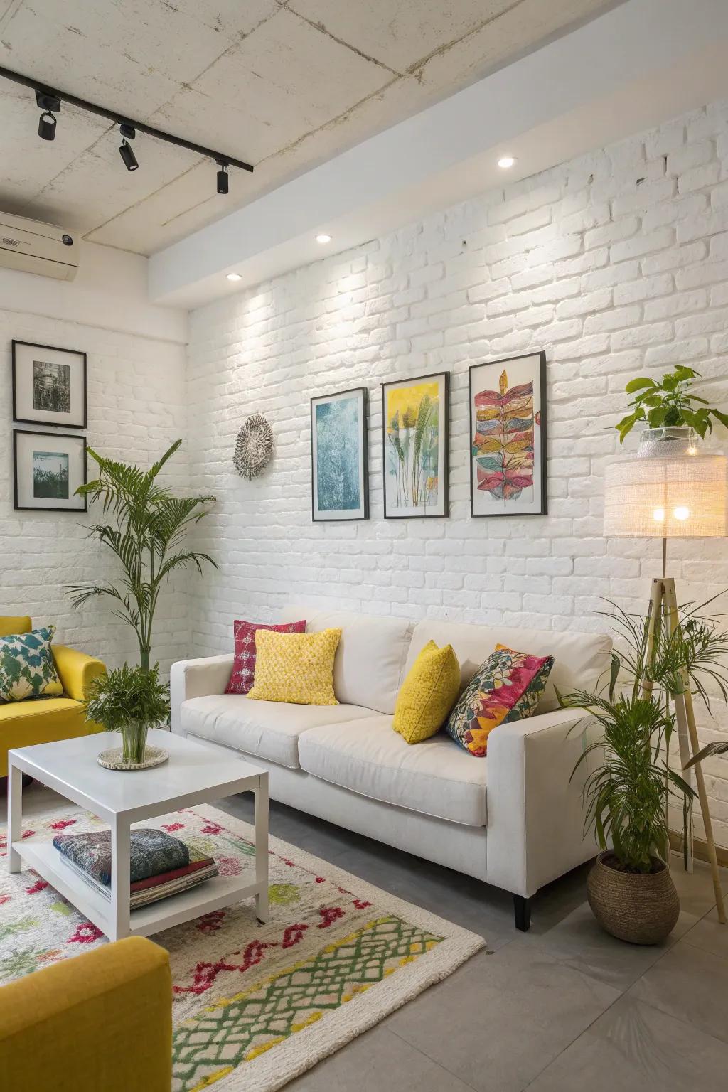 A modern twist with a white-painted brick accent wall.