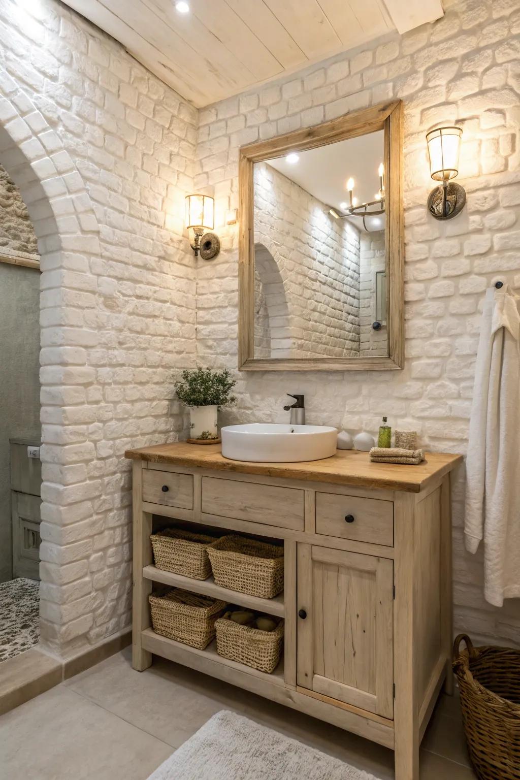 Whitewashed brick walls create a soft and airy bathroom atmosphere.